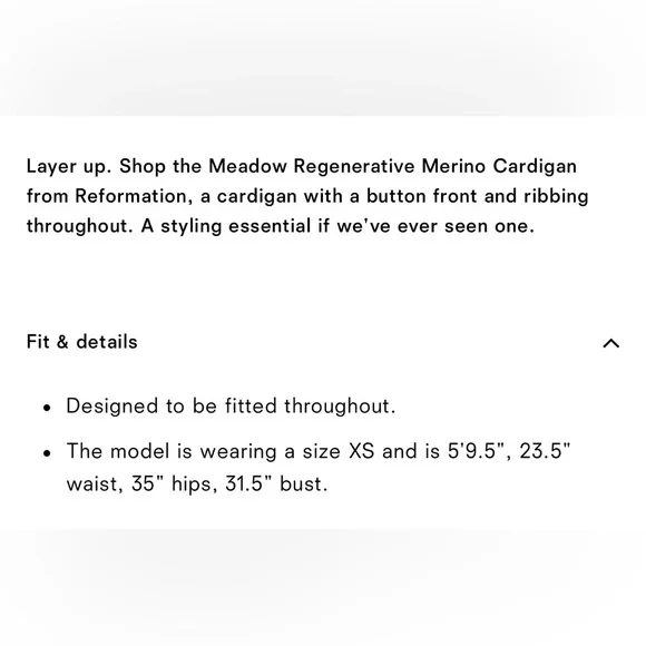 NWT Reformation Meadow Regenerative Merino Cardigan in Mole Size Small
